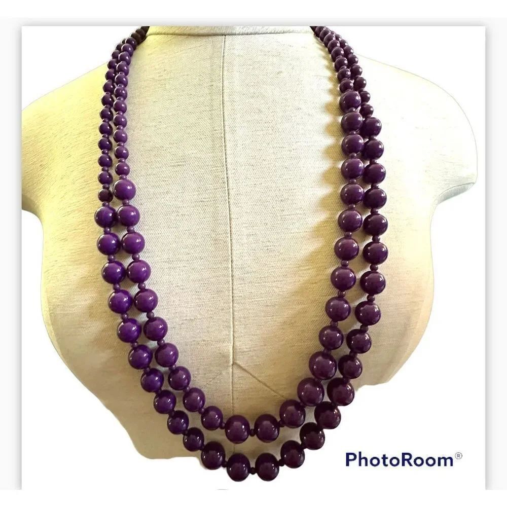Long purple double strand beaded necklace